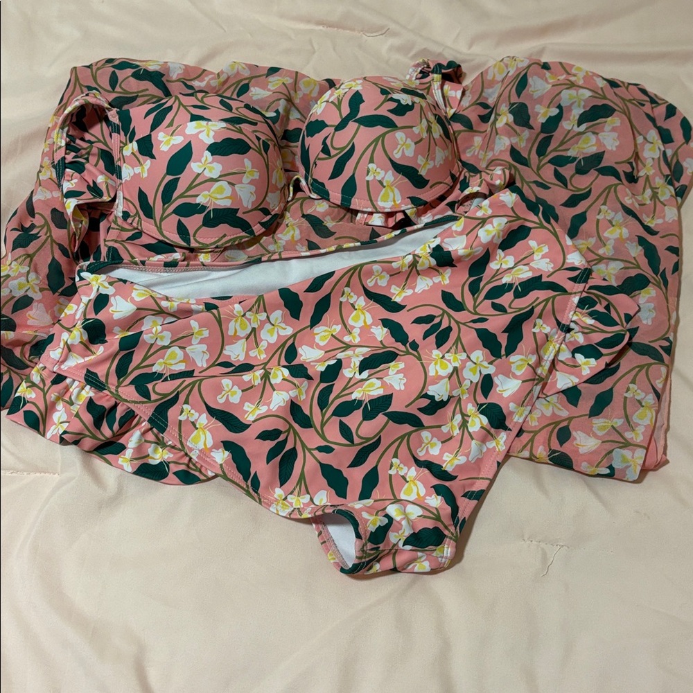 Pink Floral Push-Up Bikini Top with bottoms and matching coverup